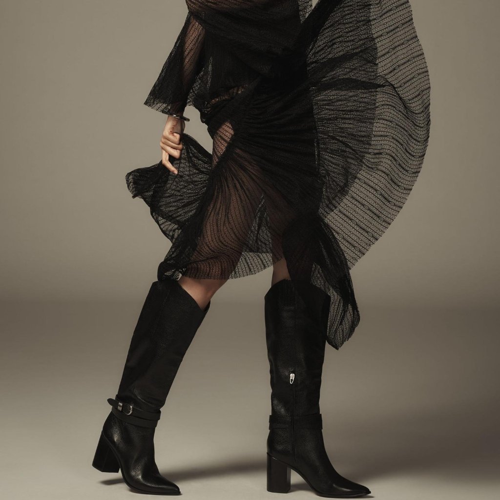 New Dolce Vita Tyrone Wide Calf Boot In Black Leather Knee High Western Heeled